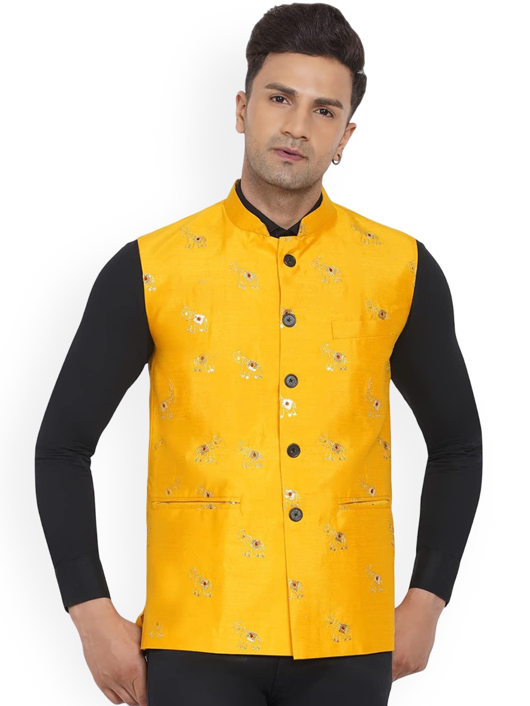 

VEERA PARIDHAAN Printed Cotton Nehru Jacket, Yellow