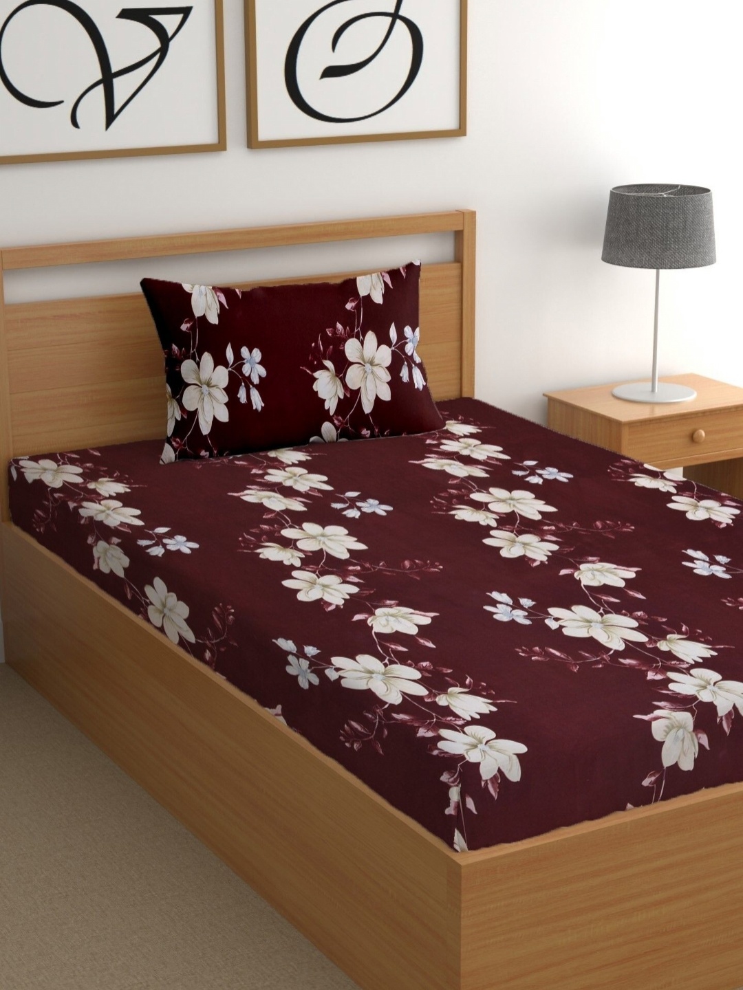

CG HOMES Brown & White Floral 180 TC Single Bedsheet with 1 Pillow Covers