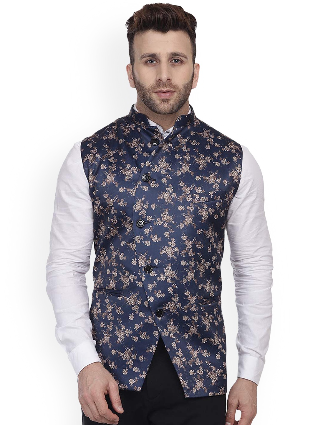 

VEERA PARIDHAAN Printed Mandarin Collar Nehru Jackets, Blue