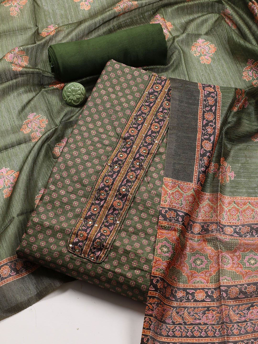 

Meena Bazaar Printed Art Silk Unstitched Dress Material, Green