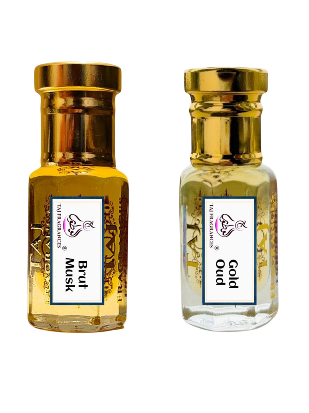 

Taj Fragrances Unisex Set Of 2 Brut Musk & Gold Oud Long Lasting Attar - 6ml Each, Rose gold