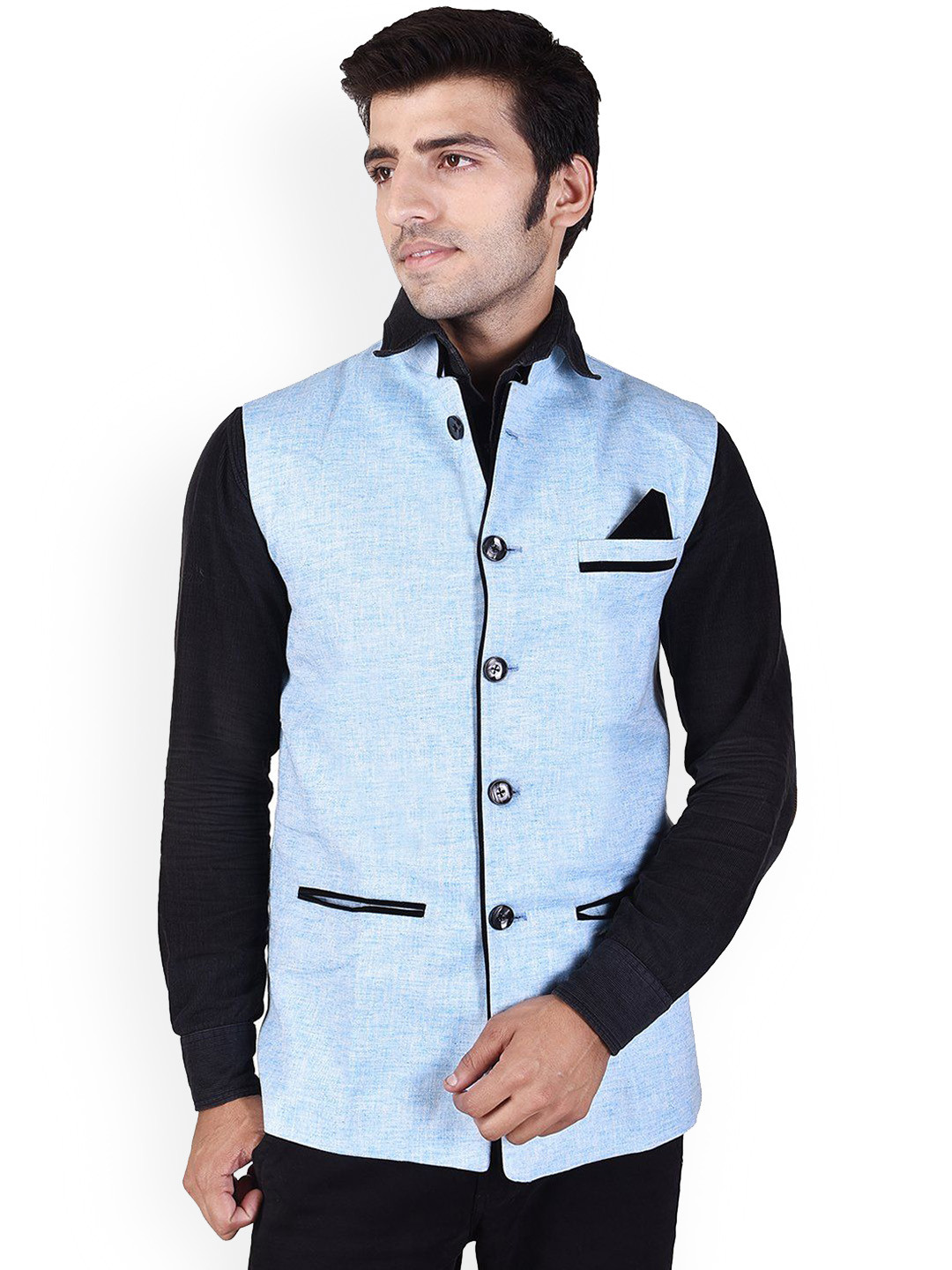 

VEERA PARIDHAAN Mandarin Collar Nehru Jacket, Blue