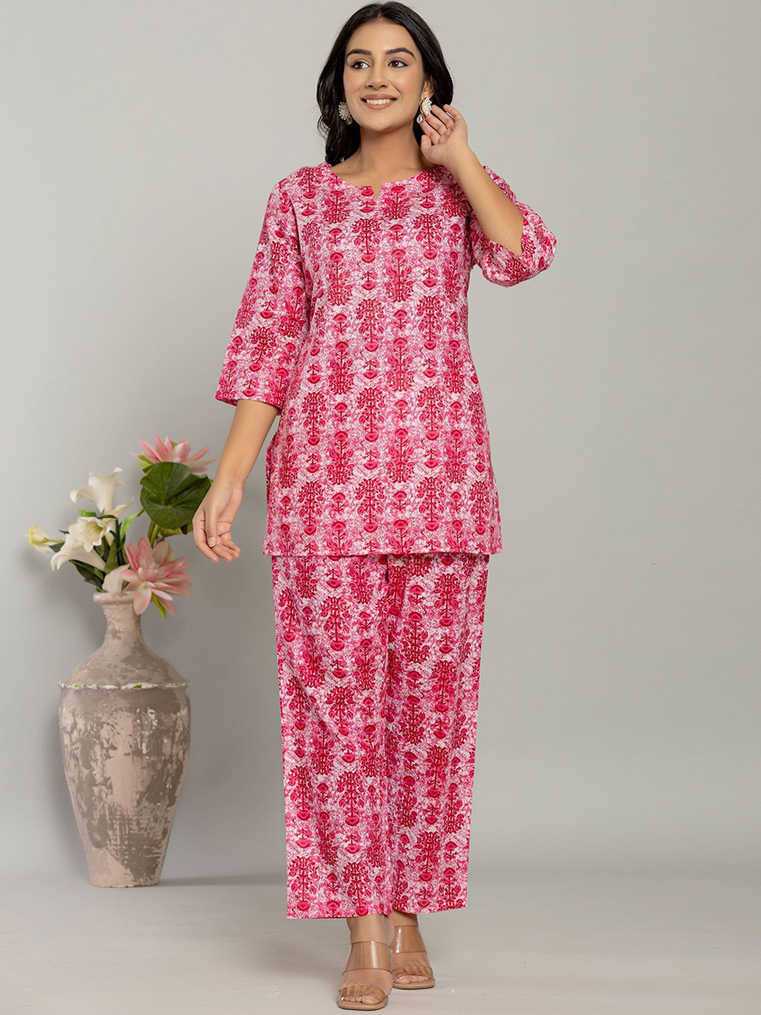 

Serenita Printed Round Neck Pure Cotton Top With Trousers Co-Ords Set, Pink