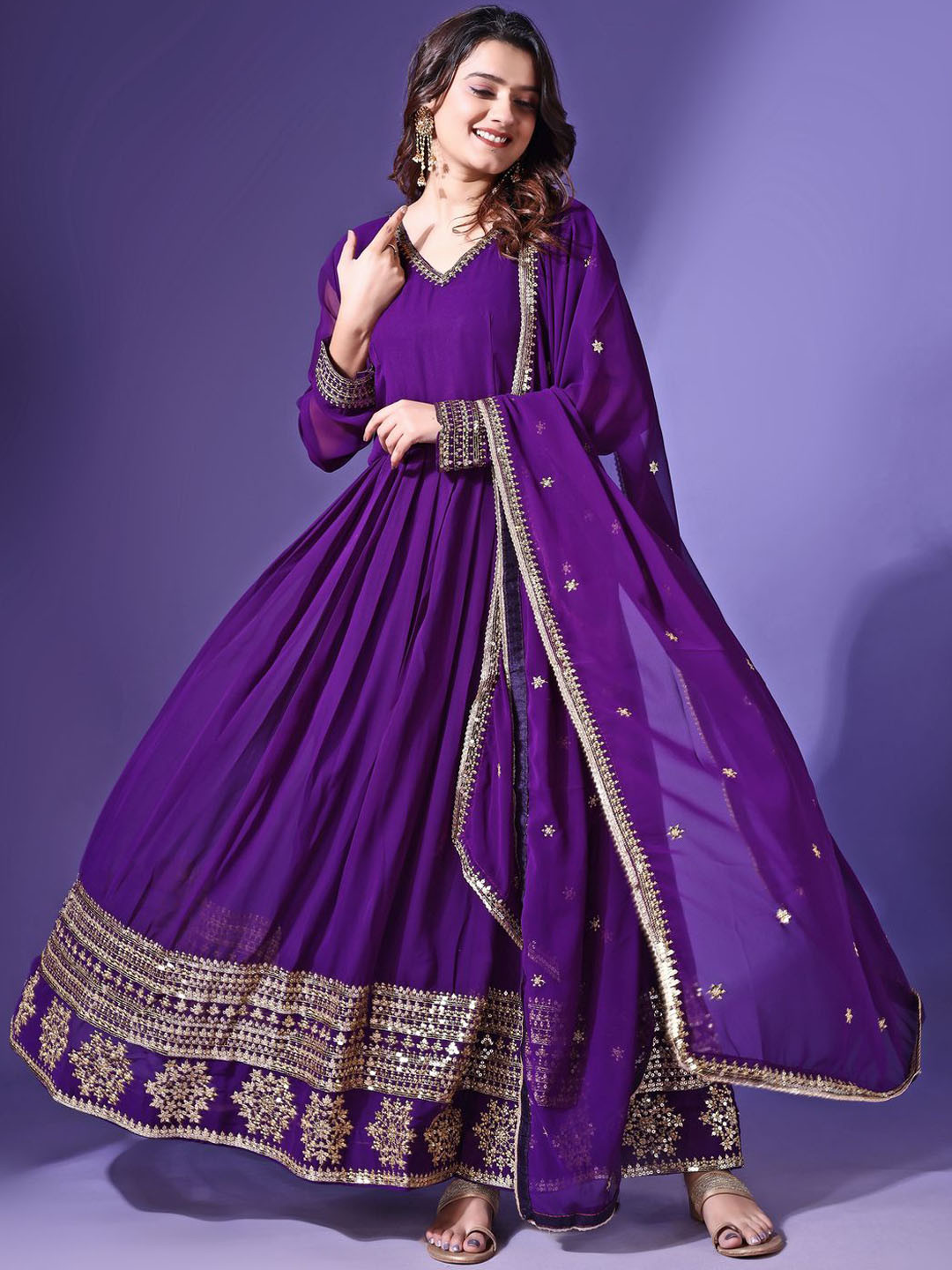 

Anara Women Embroidered Thread Work Georgette Anarkali Kurta, Purple