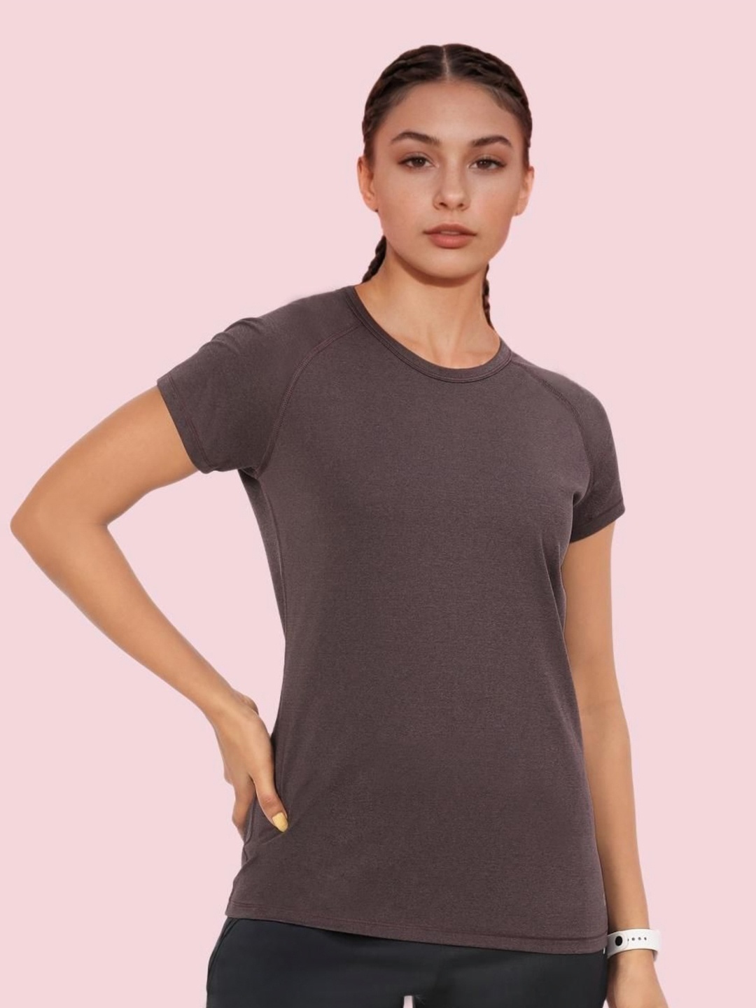

Enamor Women Extended Sleeves Dri-FIT Pockets Slim Fit T-shirt, Brown