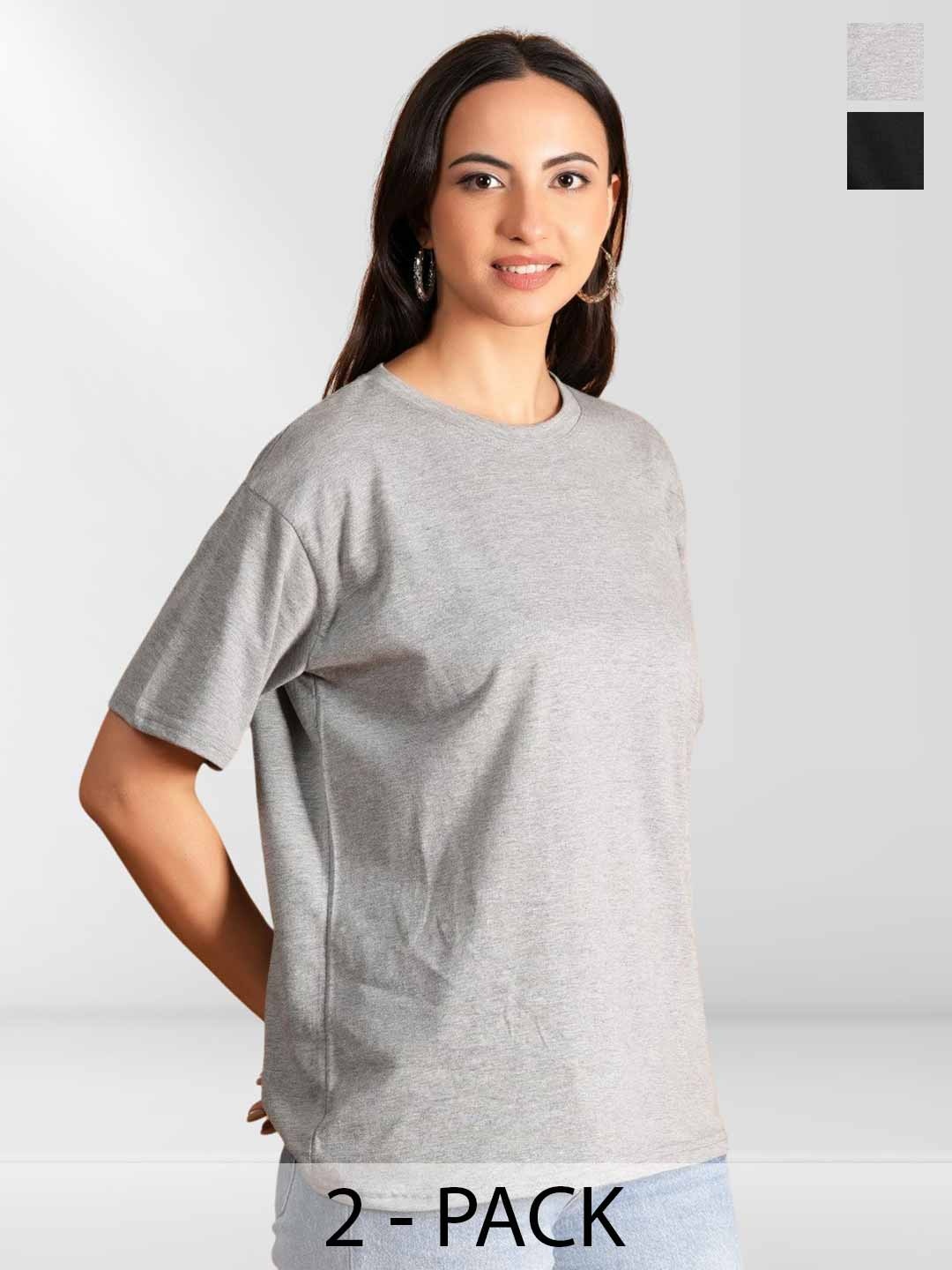 

Belfry Women Pack of 2 Solid Round Neck Cotton Oversized T-shirts, Grey