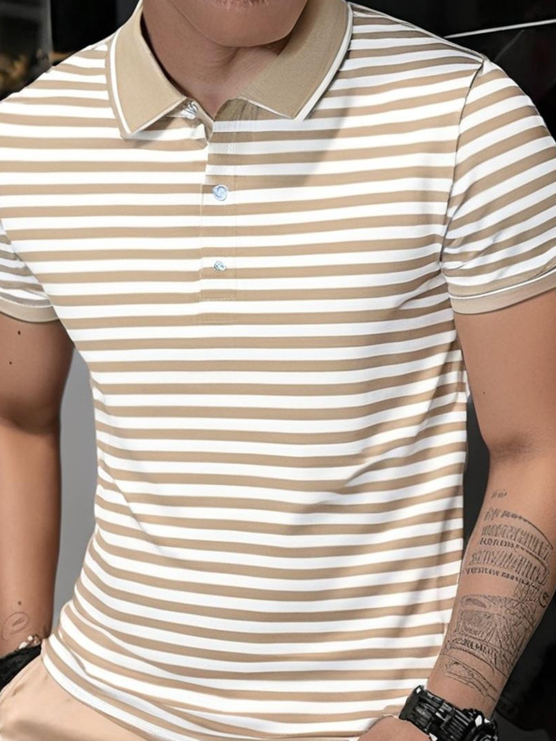 

MACK JONNEY Men Striped Polo Collar Pockets T-shirt, Beige