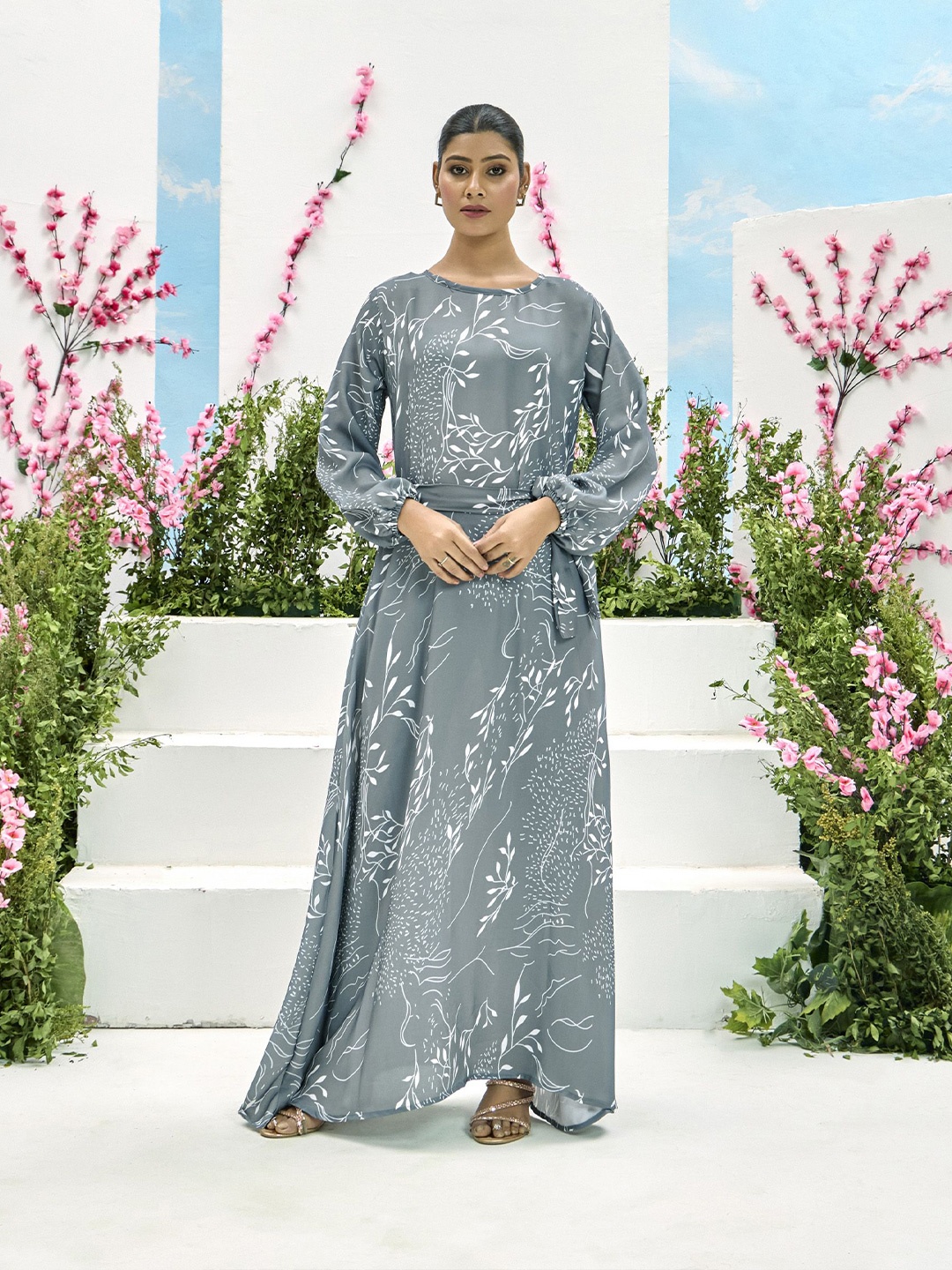 

SARINKU Floral Print Fit & Flare Maxi Dress, Grey