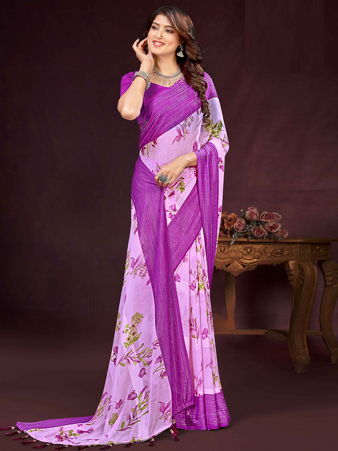 

MAHALASA Floral Pure Georgette Saree, Purple