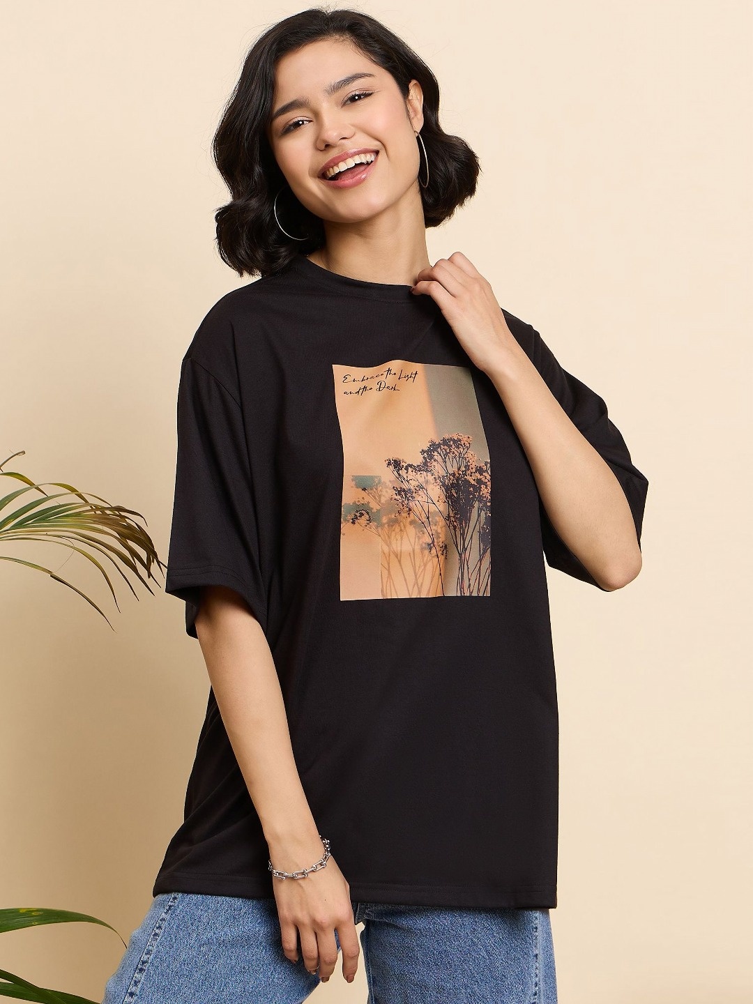

Mast & Harbour Women Printed Drop-Shoulder Sleeves T-shirt, Black