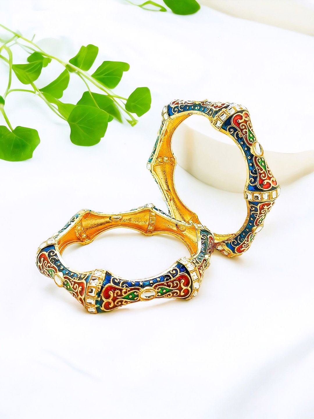 

FEMMIBELLA Set Of 2 Gold-Plated Kundan-Studded Meenakari Bangles
