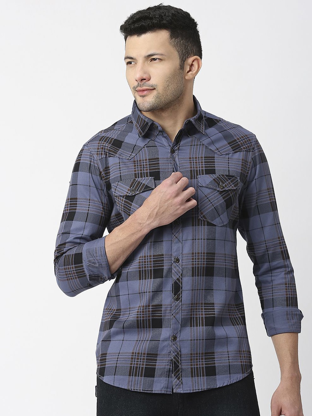 

SNX Men Tailored Fit Tartan Checks Opaque Checked Casual Shirt, Blue
