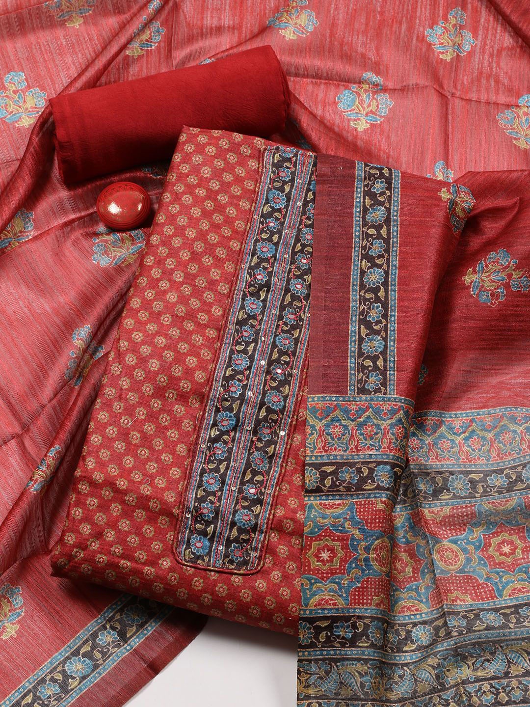 

Meena Bazaar Printed Art Silk Unstitched Dress Material, Red