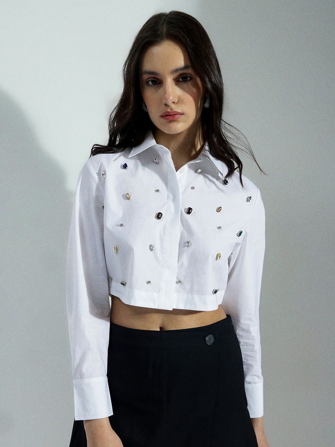 

H&M Embellished Cropped Shirt, White