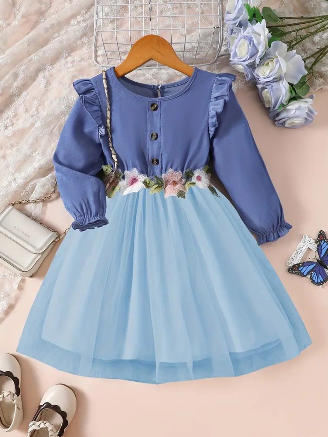 

SK DRESSES Floral Puff Sleeve Denim Fit & Flare Dress, Blue