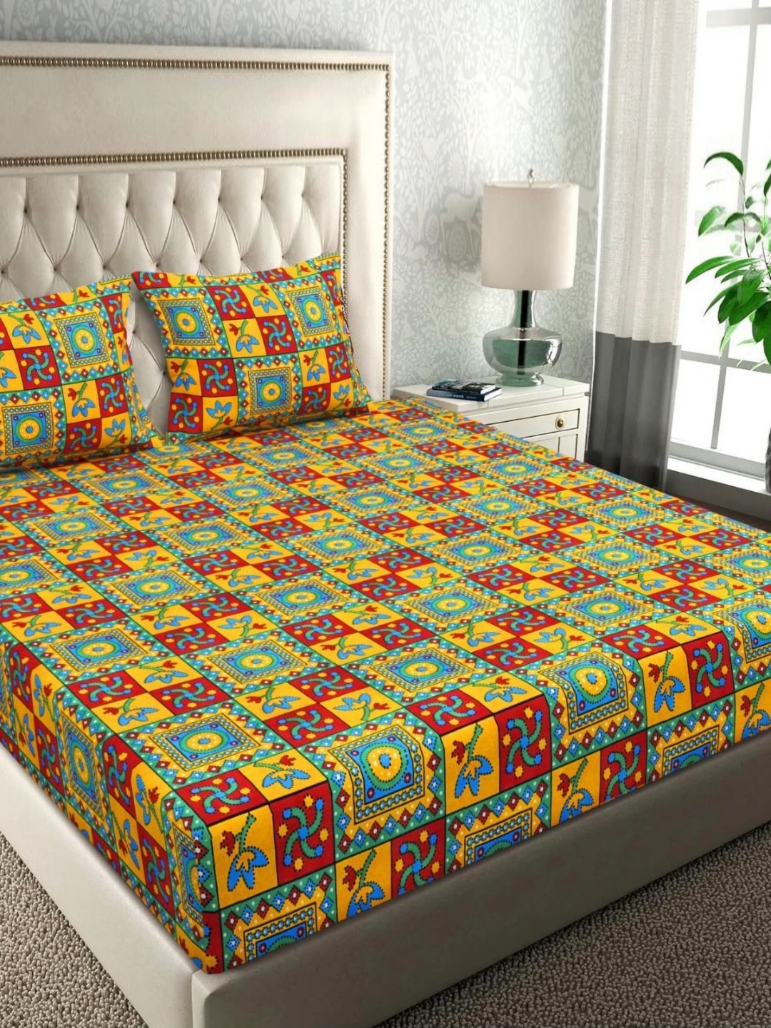 

bsb home Green & Yellow 144 TC Queen Bedsheet with 2 Pillow Covers