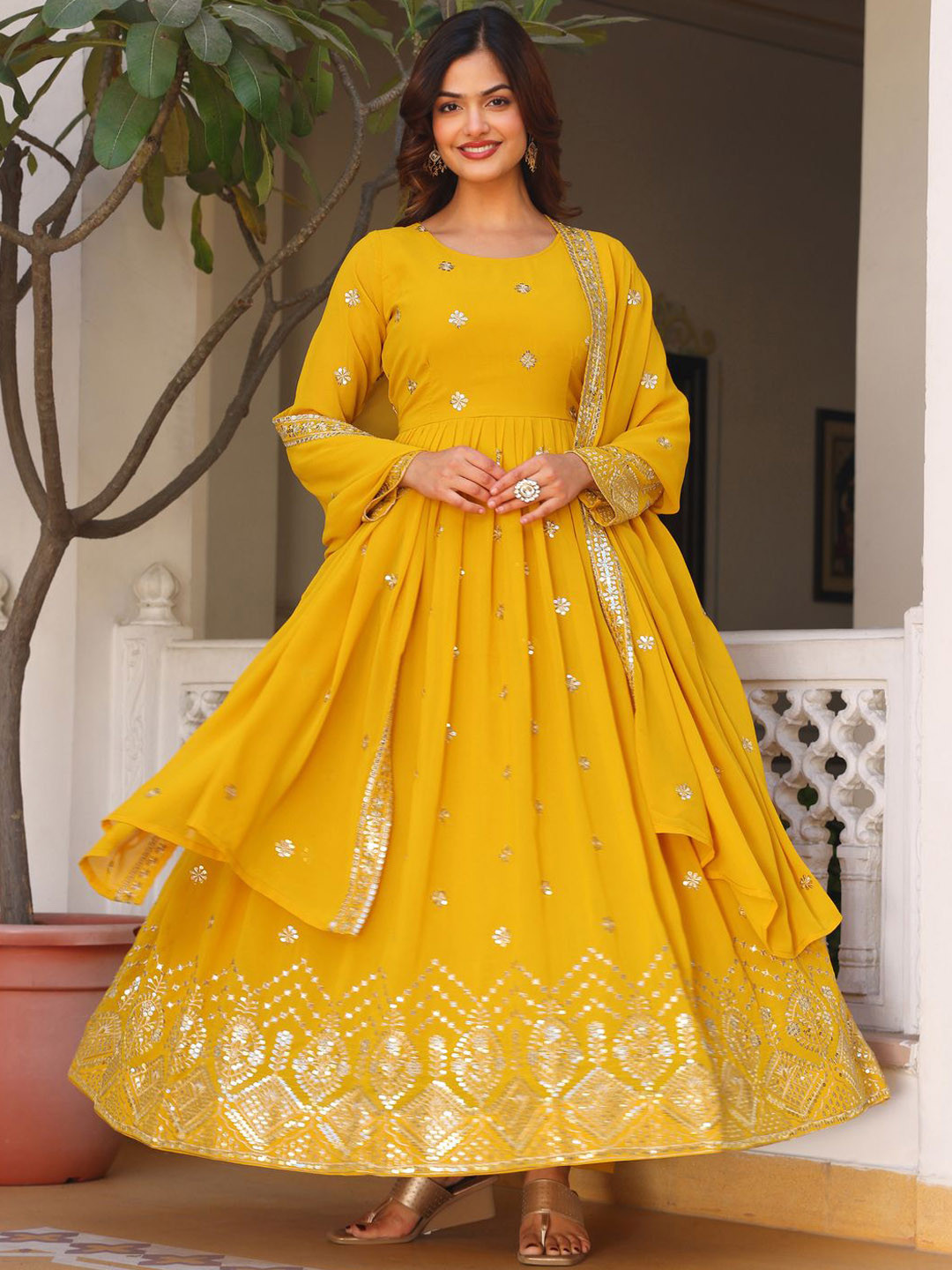 

Ethnic Yard Women Ethnic Motifs Embroidered Empire Sequinned Kurta with Trousers & With Dupatta, Yellow