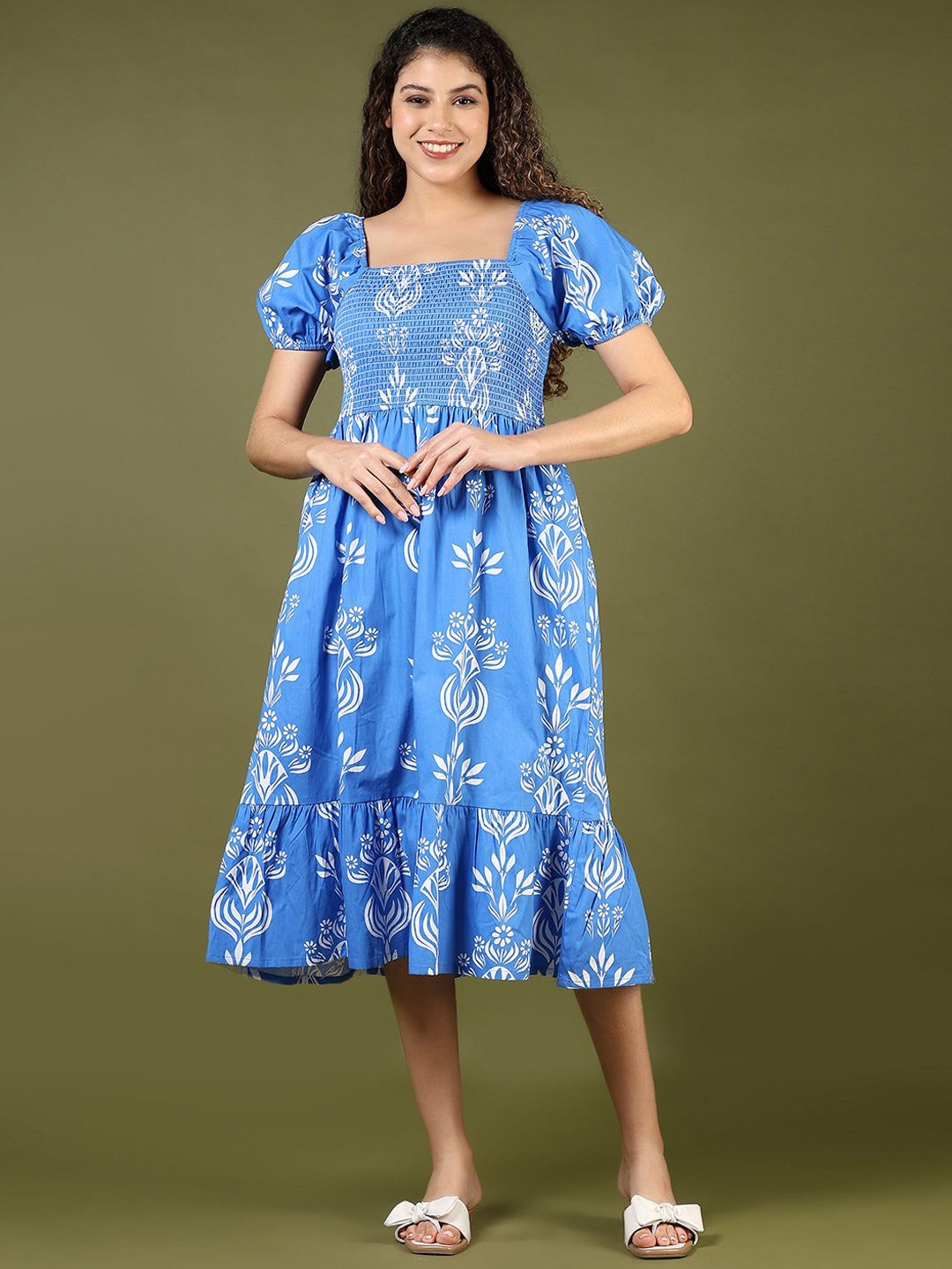 

V-Mart Printed Cotton Fit & Flared Midi Ethnic Dresses, Blue
