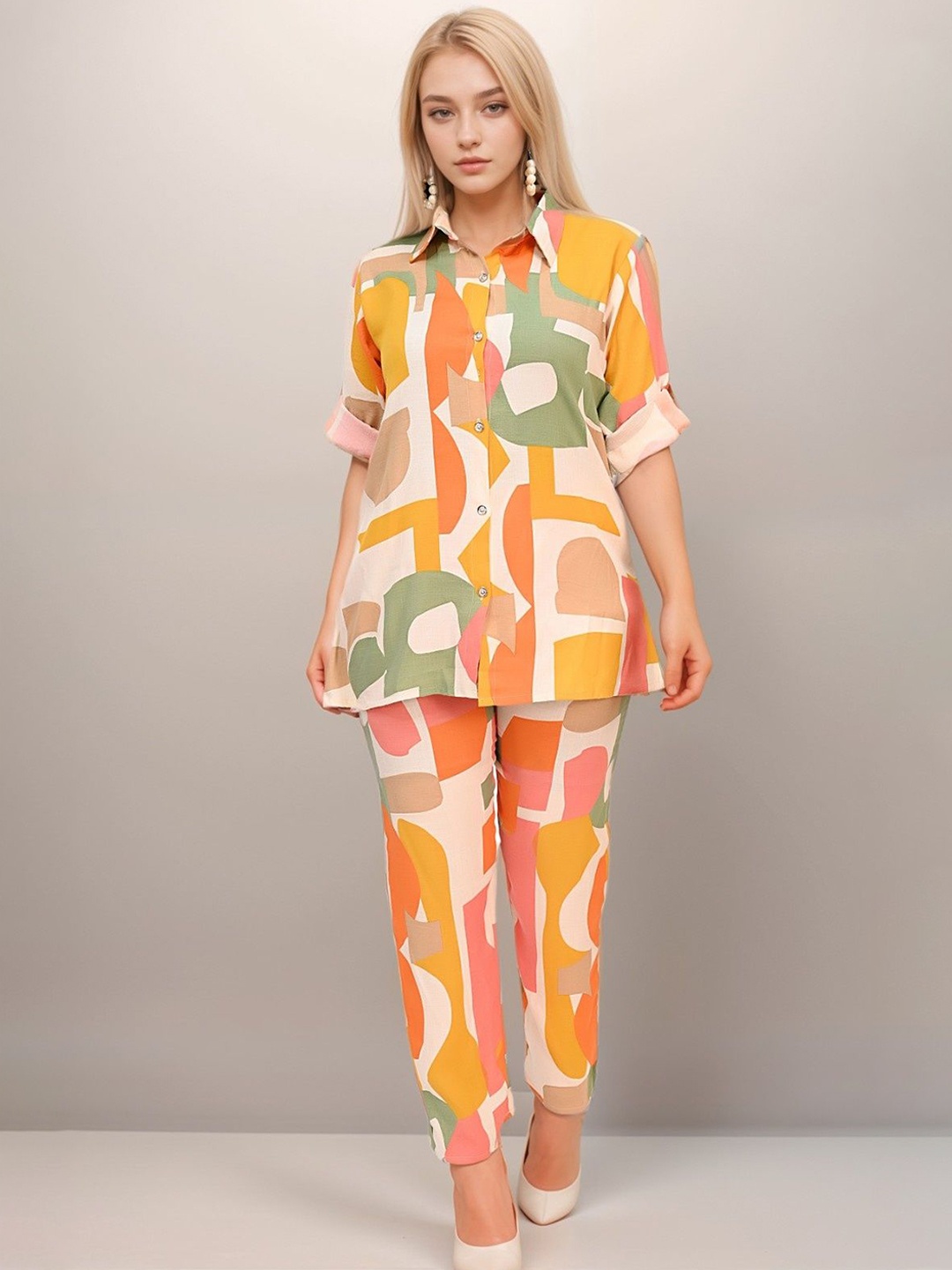 

Belfry Printed Shirt Collar Shirt & Trousers Co-Ords Set, Orange