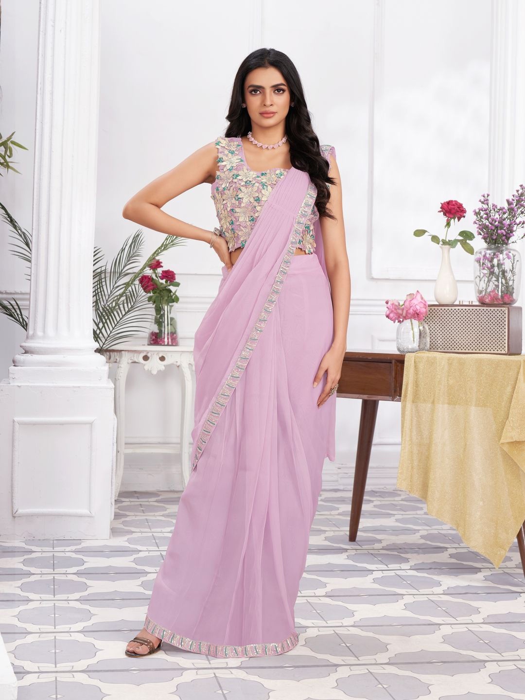 

Suha Embroidered Poly Georgette Ready to Wear Saree, Mauve