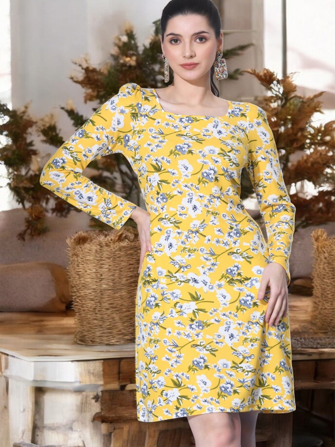 

ZEUGEN Floral Print Bell Sleeve Bodycon Dress, Yellow