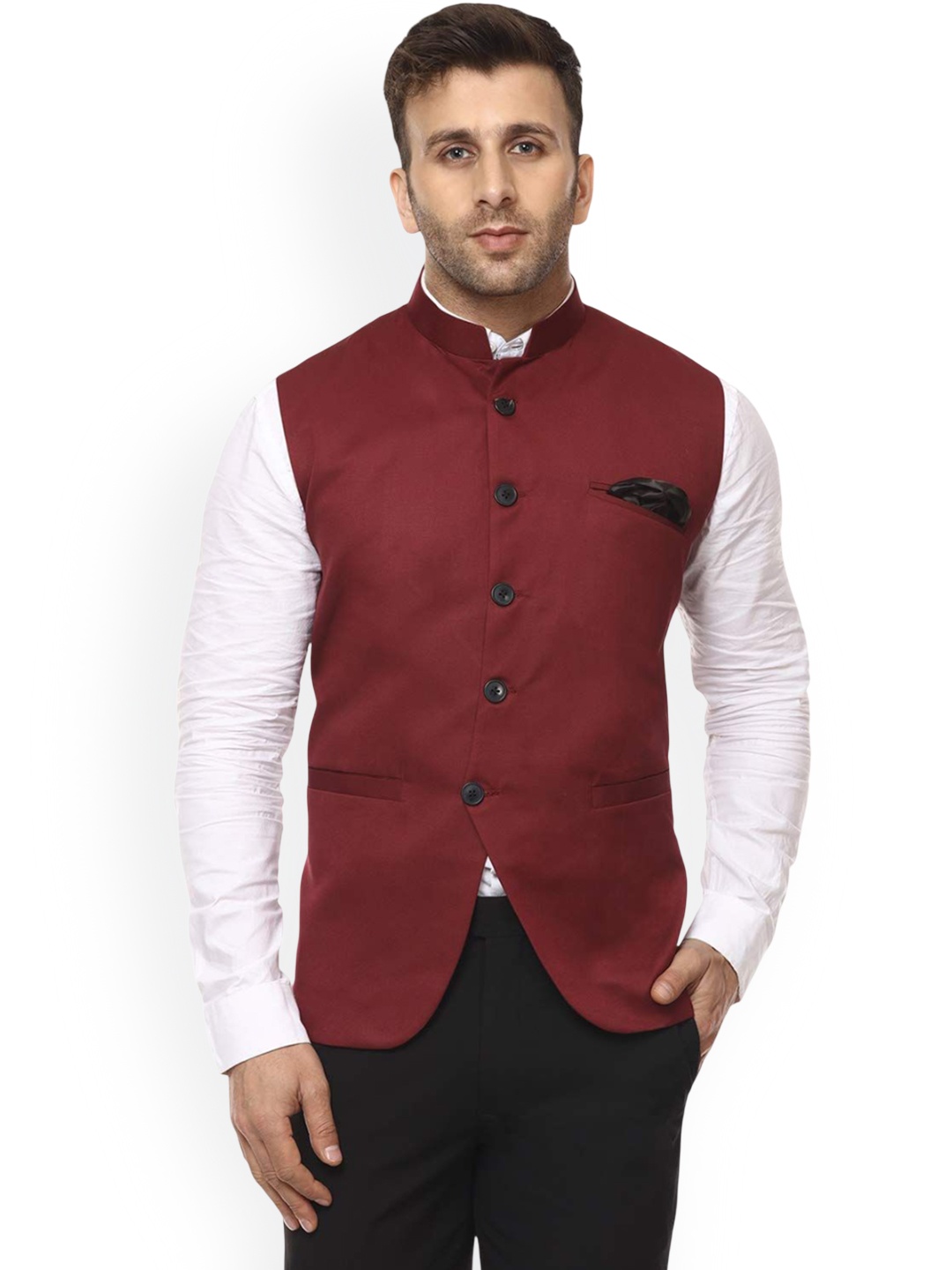 

VEERA PARIDHAAN Cotton Chinese Collar Nehru Jackets, Maroon