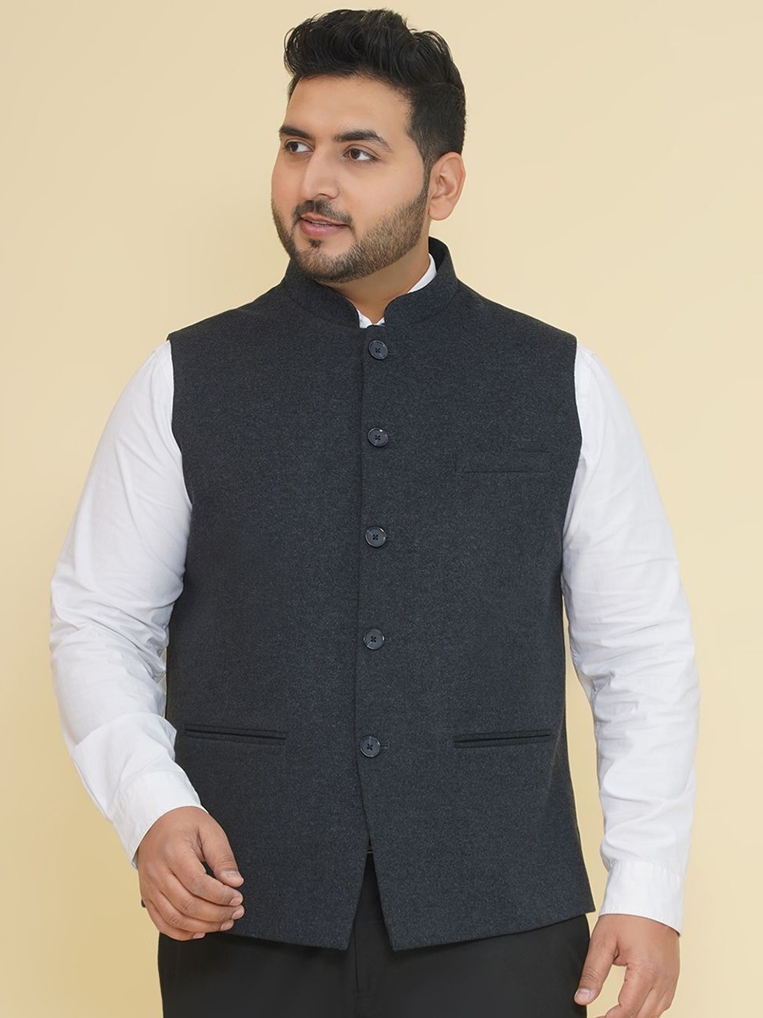 

John Pride Woven Woolen Plus Size Nehru Jacket, Navy blue