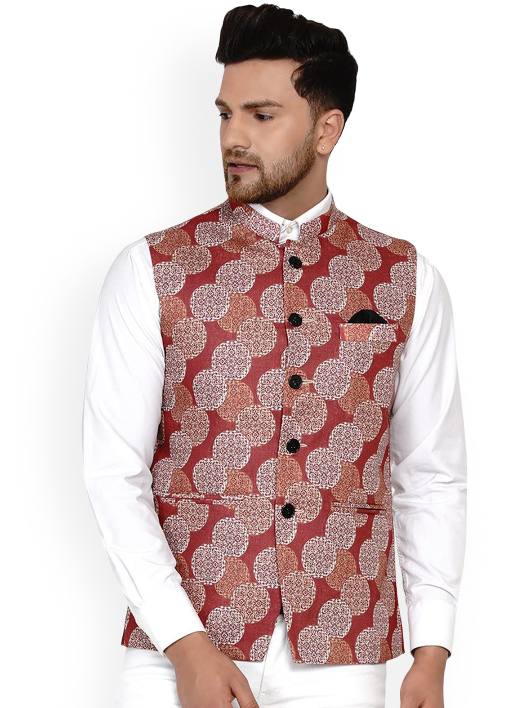 

VEERA PARIDHAAN Printed Cotton Nehru Jacket, Maroon