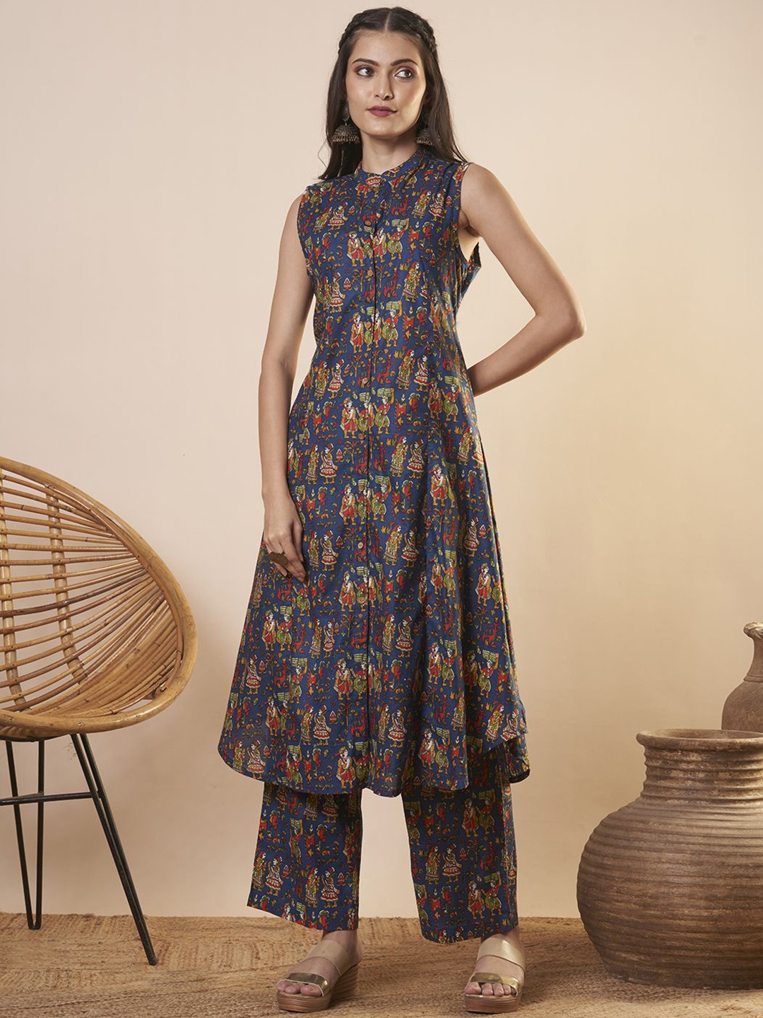 

FASHOR Printed A-Line Top With Trouser Co-Ords, Blue
