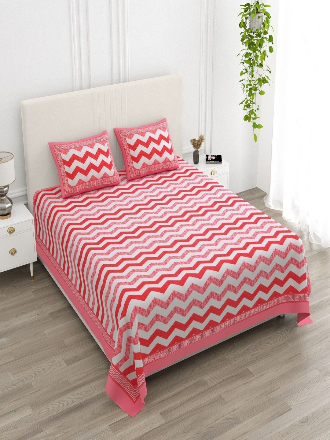 

CHICERY Pink & White Floral 210 TC King Bedsheet with 2 Pillow Covers