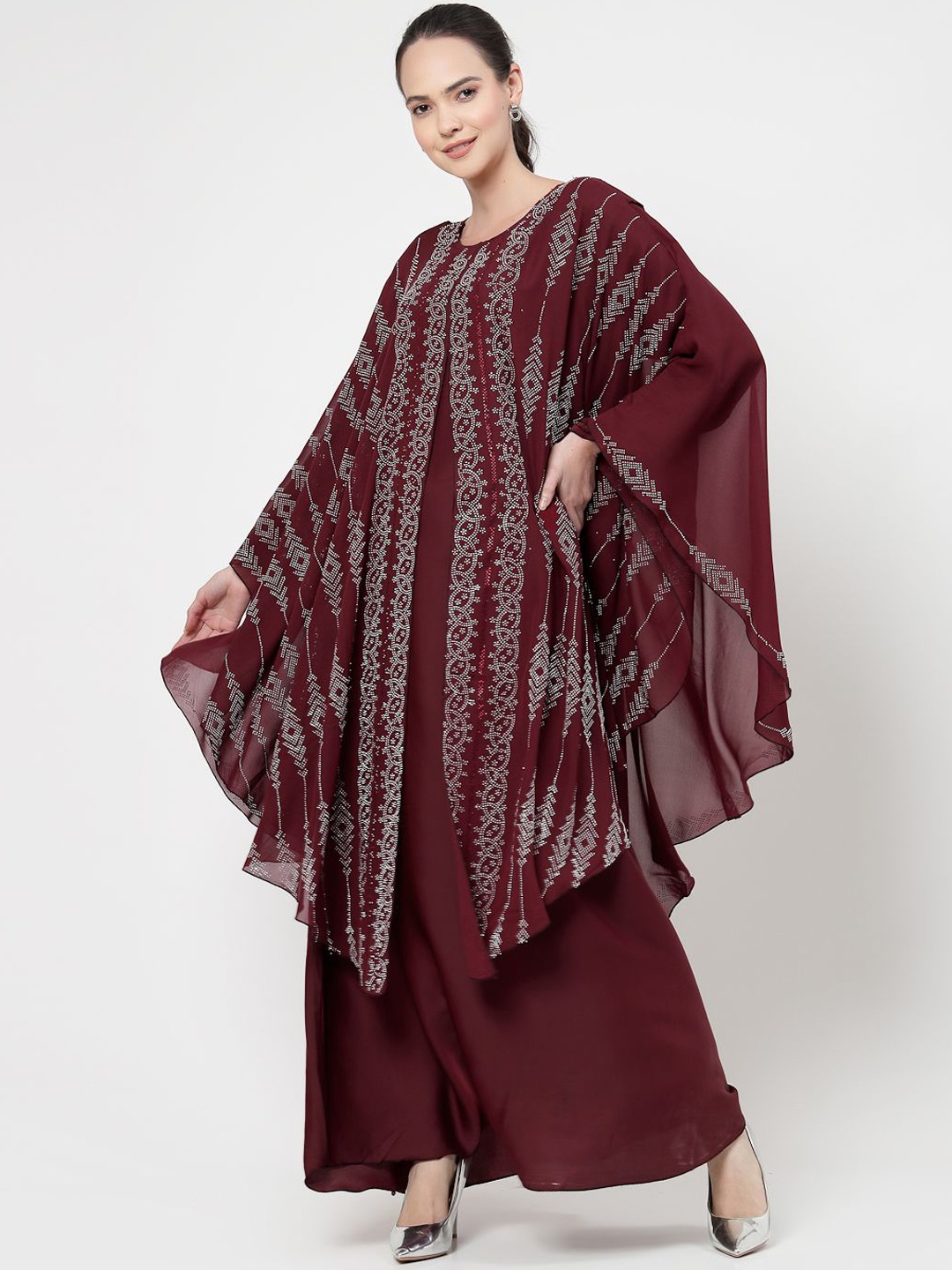 

Arrabi Embellished Detail Round Neck Indian Ethnic Burqa With Scarf, Maroon