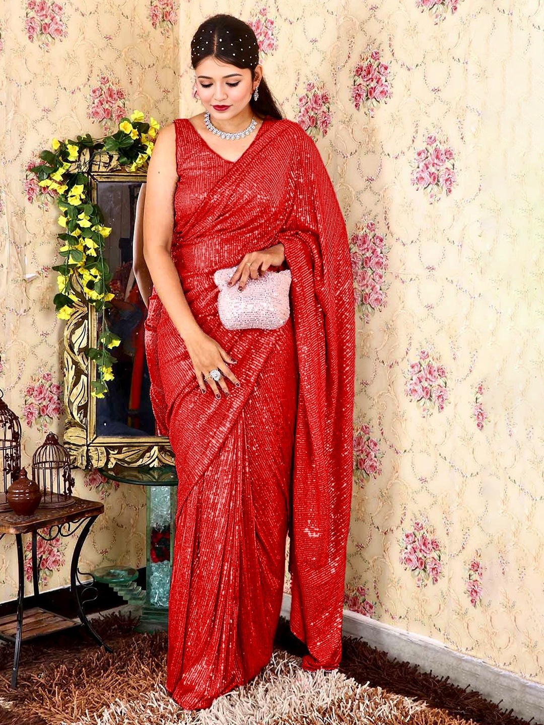 

ANJANI TEXTILE Embellished Sequinned Poly Georgette Saree, Red