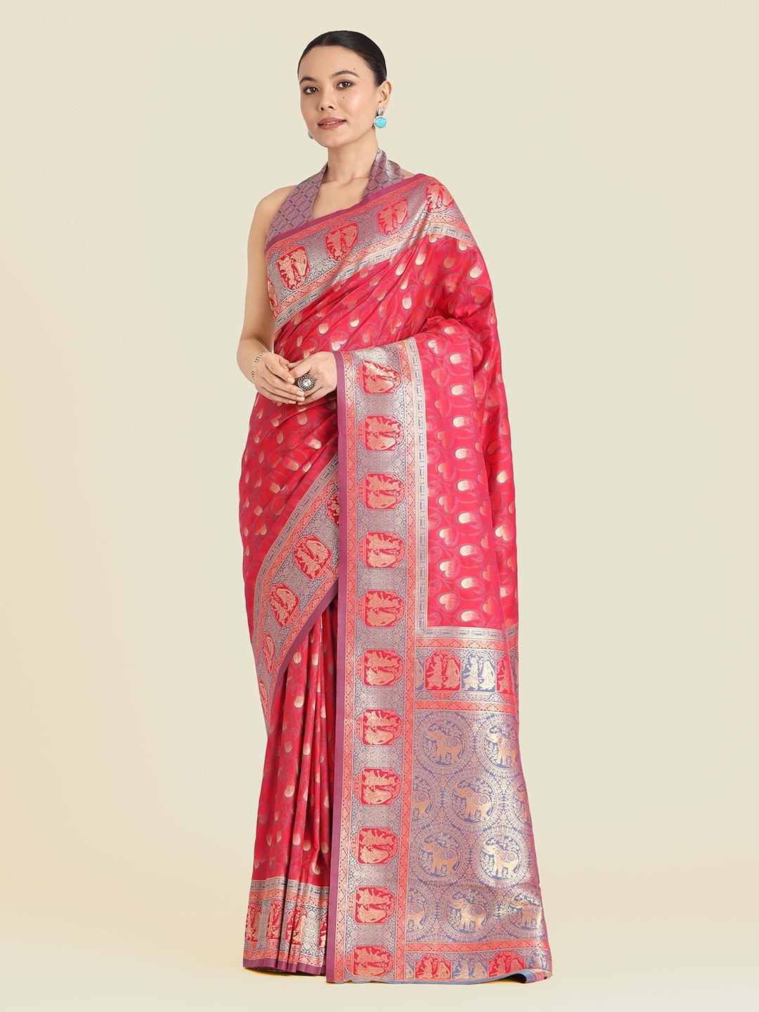 

MONJOLIKA FASHION Woven Design Zari Silk Blend Banarasi Saree, Pink