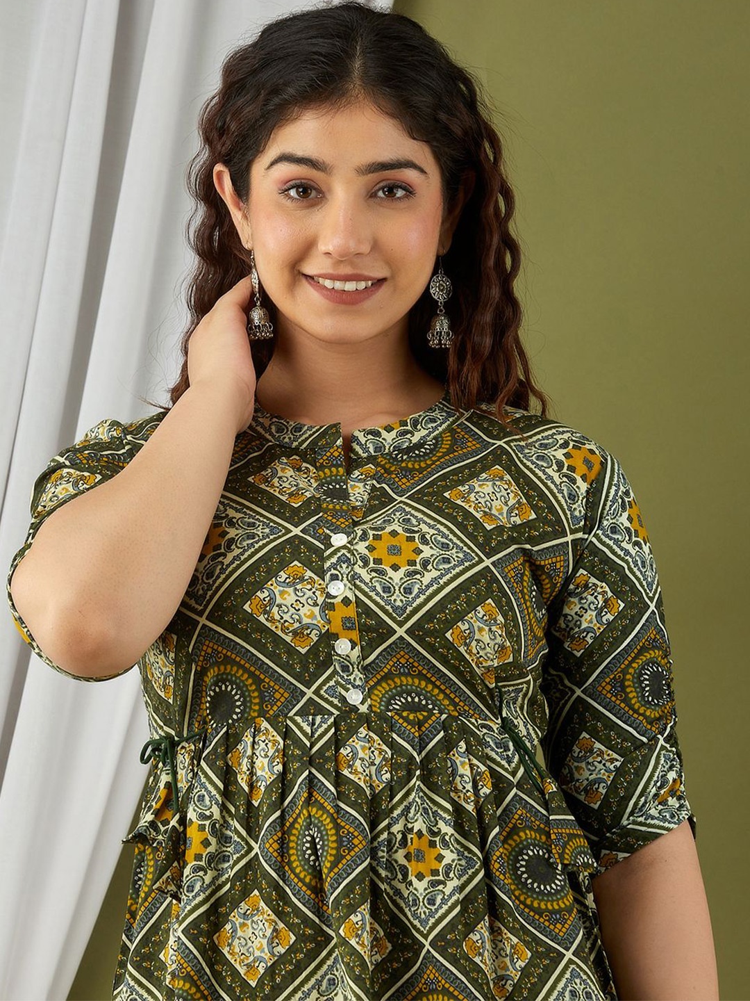 

FEMARY Geometric Print Mandarin Collar Cotton Top, Green
