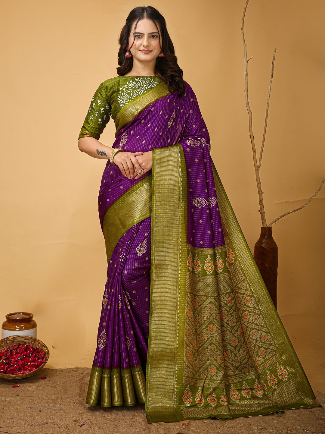 

HERE&NOW Ethnic Motifs Zari Silk Cotton Kanjeevaram Saree, Purple