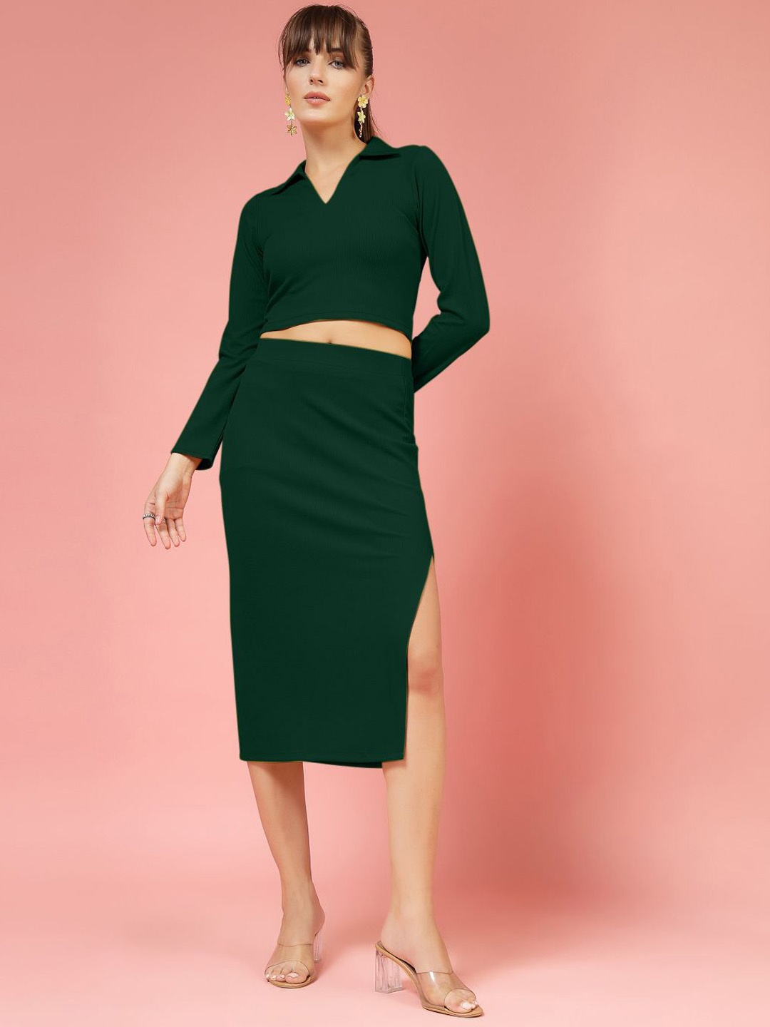 

DressBerry Shirt Collar Neck Top With Skirt Co-Ords, Green