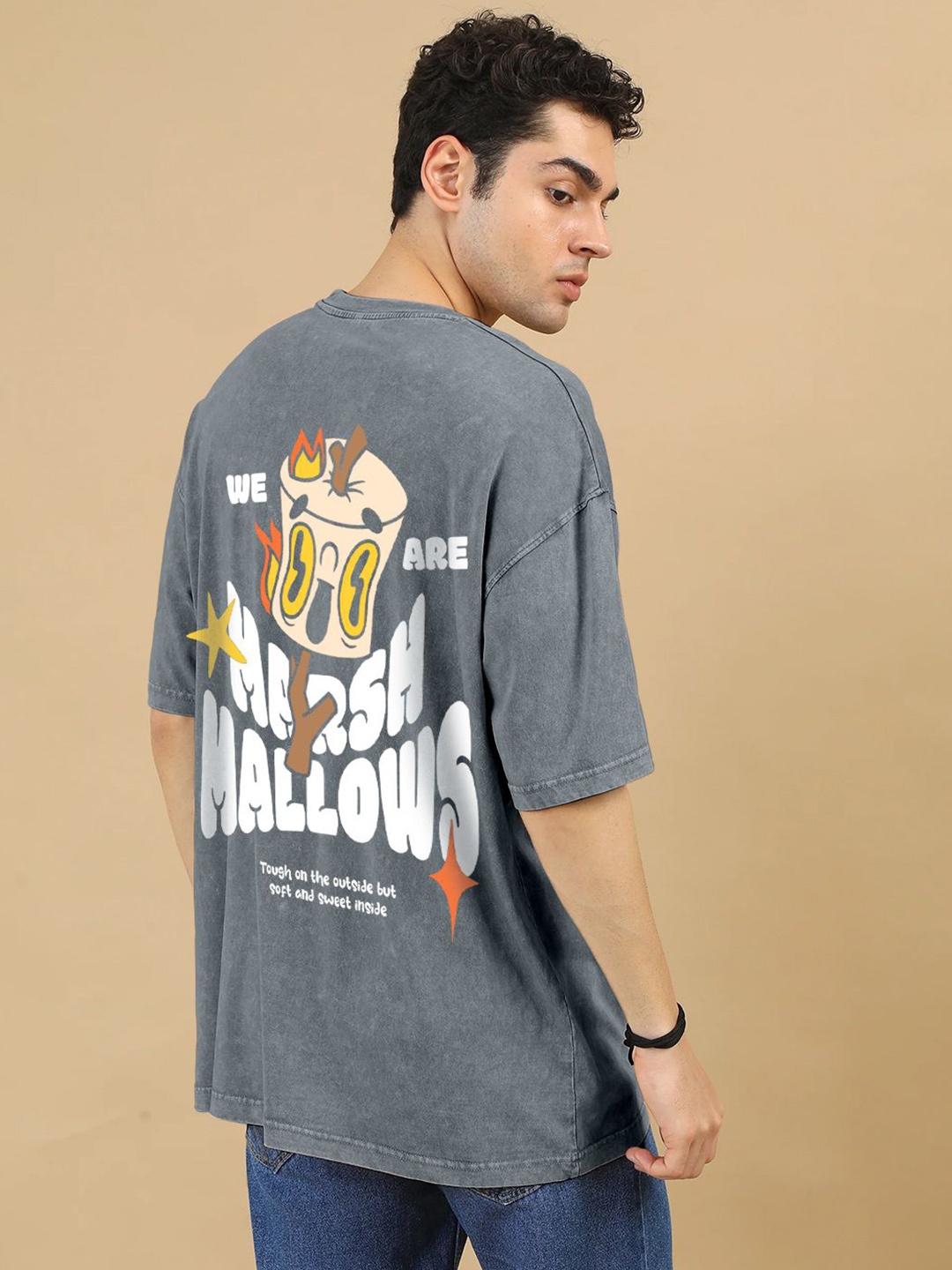 

Crazymonk Men Printed Extended Sleeves Raw Edge T-shirt, Steel
