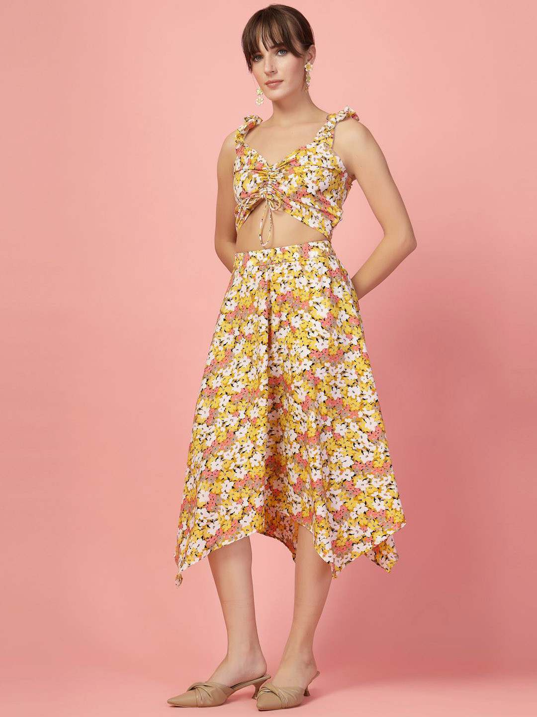 

DressBerry Printed V-Neck Top With Skirt Co-Ords, Yellow