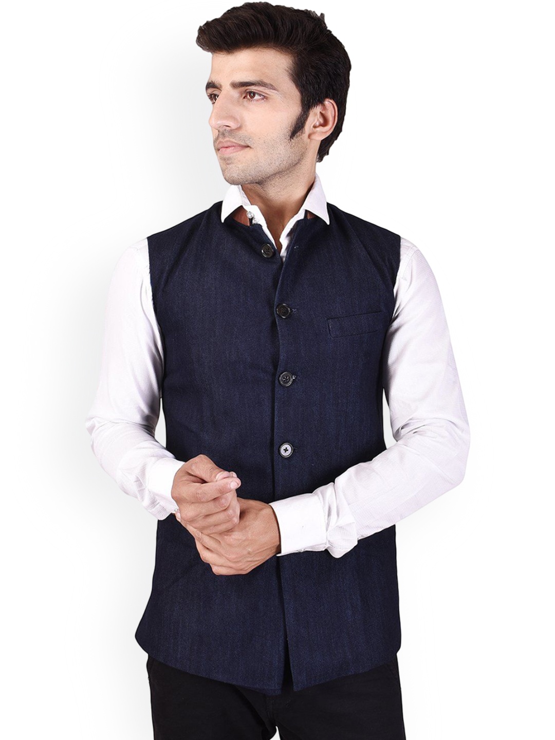 

VEERA PARIDHAAN Cotton Chinese Collar Nehru Jackets, Blue