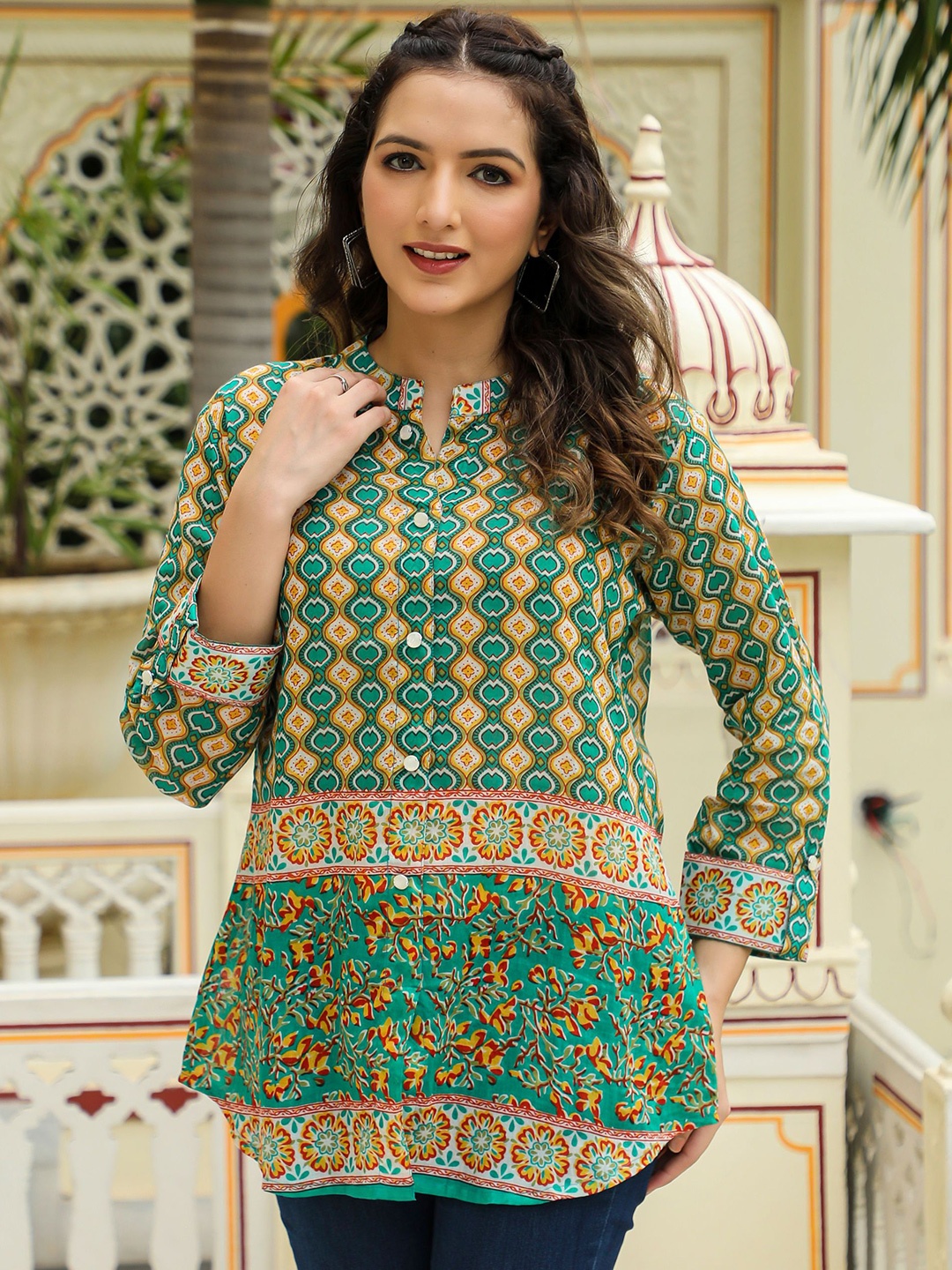 

MissKurti Mandarin Collar Printed Tunic, Green