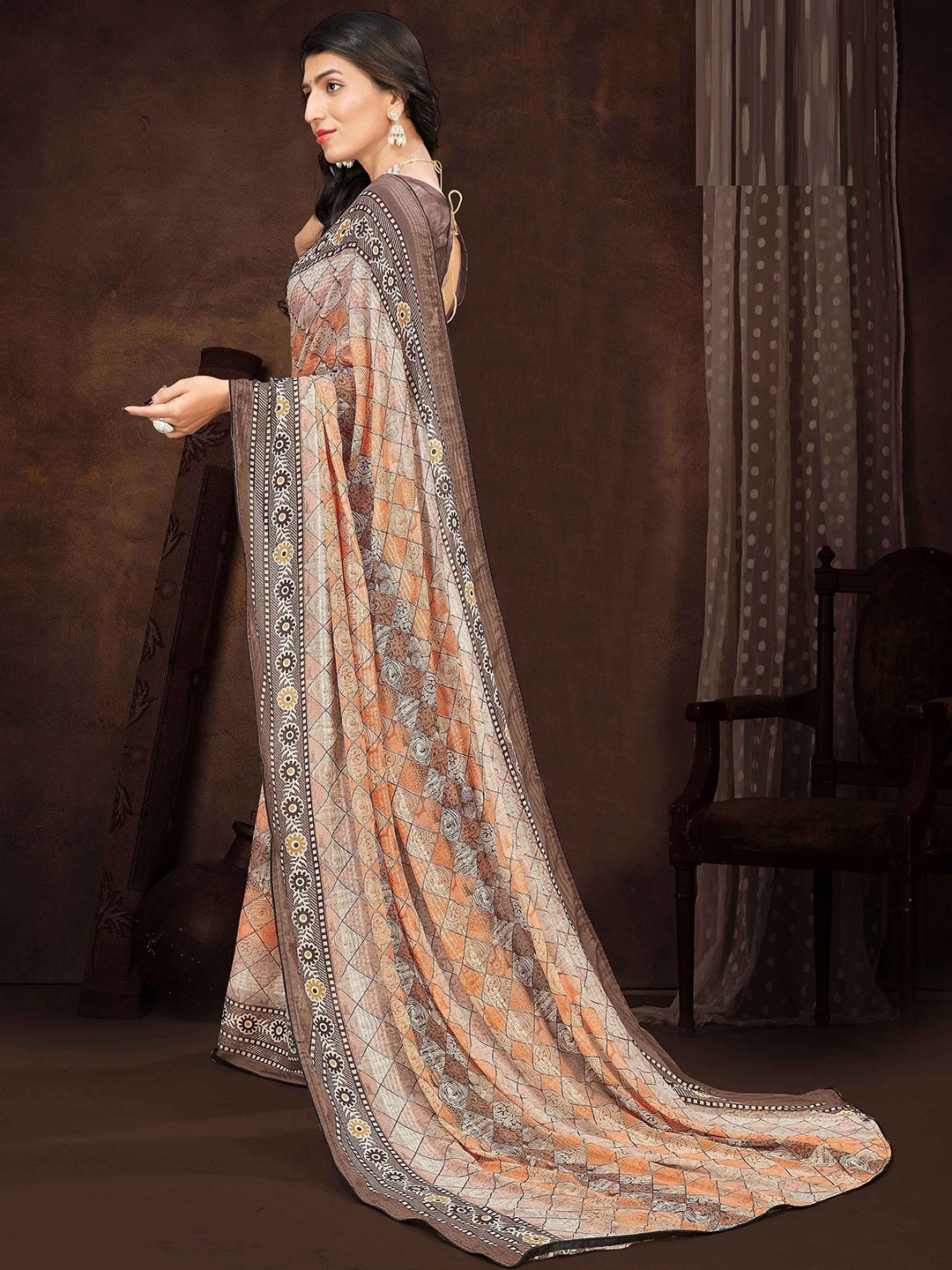 

MAHALASA Floral Pure Georgette Saree, Brown