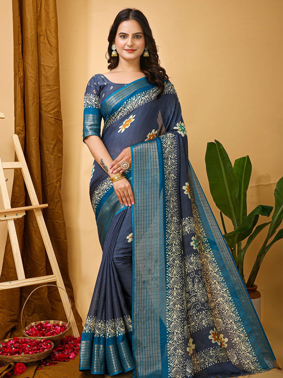 

HERE&NOW Woven Design Zari Silk Cotton Banarasi Saree, Blue