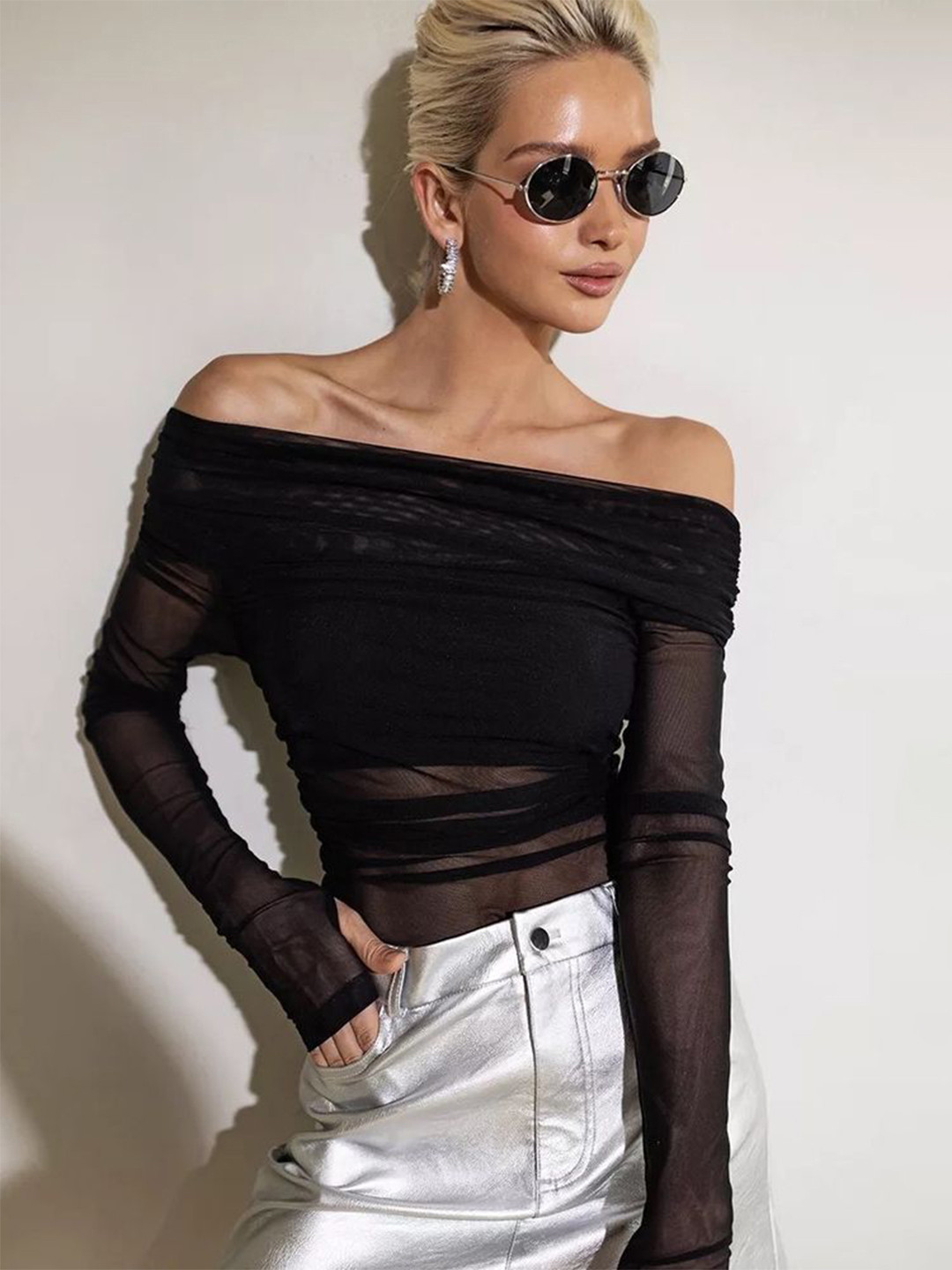 

LULU & SKY Off-Shoulder Bardot Crop Top, Black