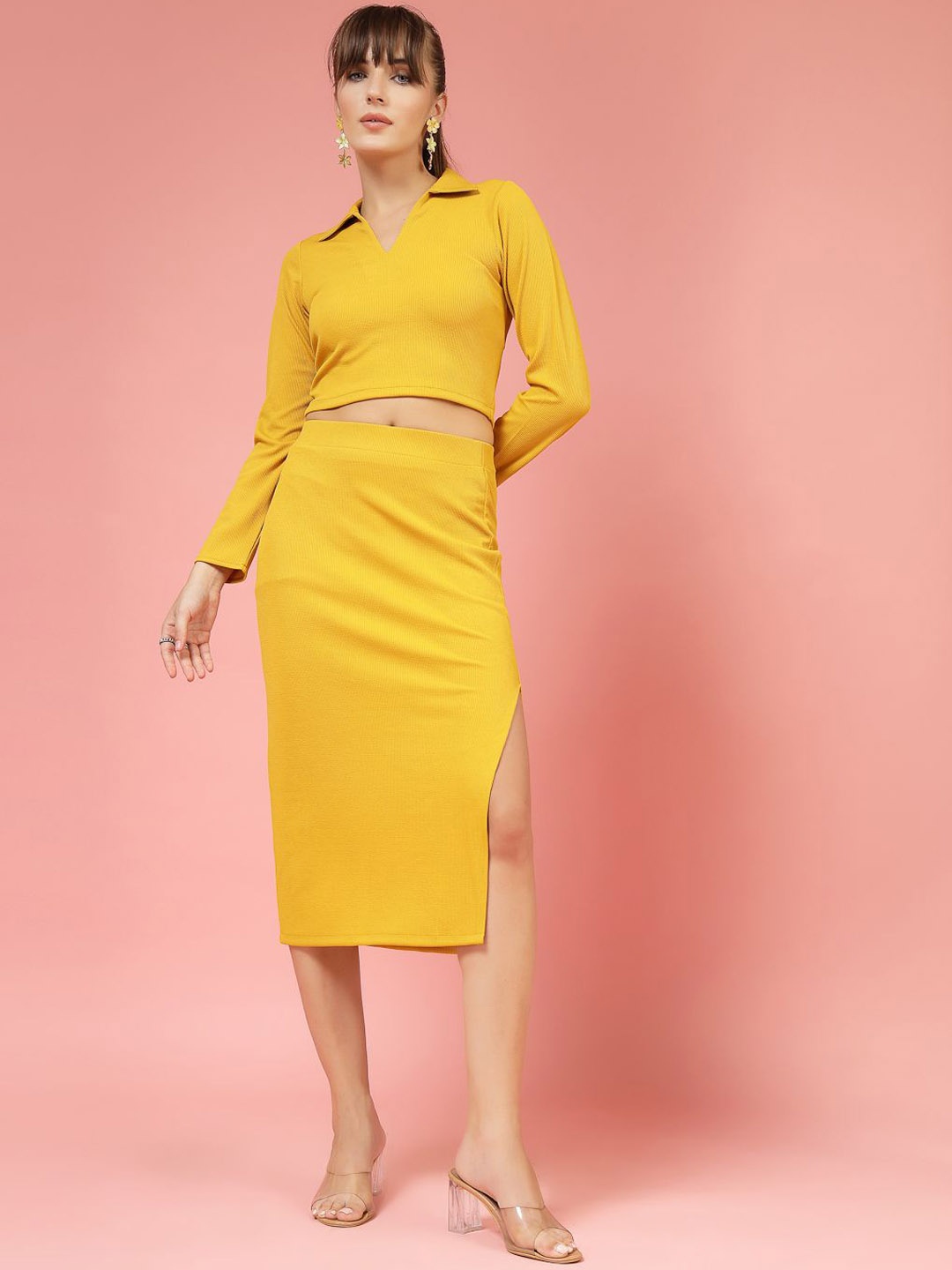 

DressBerry Stretchable Crop Top With Pencil Skirt Co-Ords, Yellow