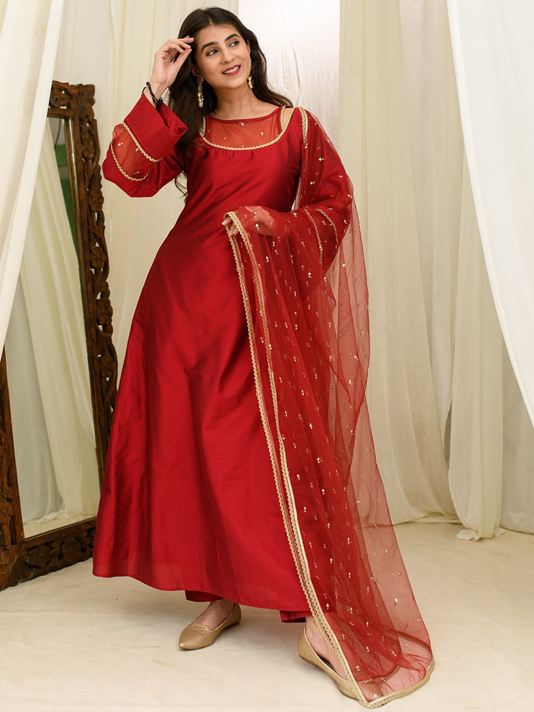 

Label Shaurya Sanadhya Women Embroidered Pure Silk Kurta with Salwar & With Dupatta, Maroon
