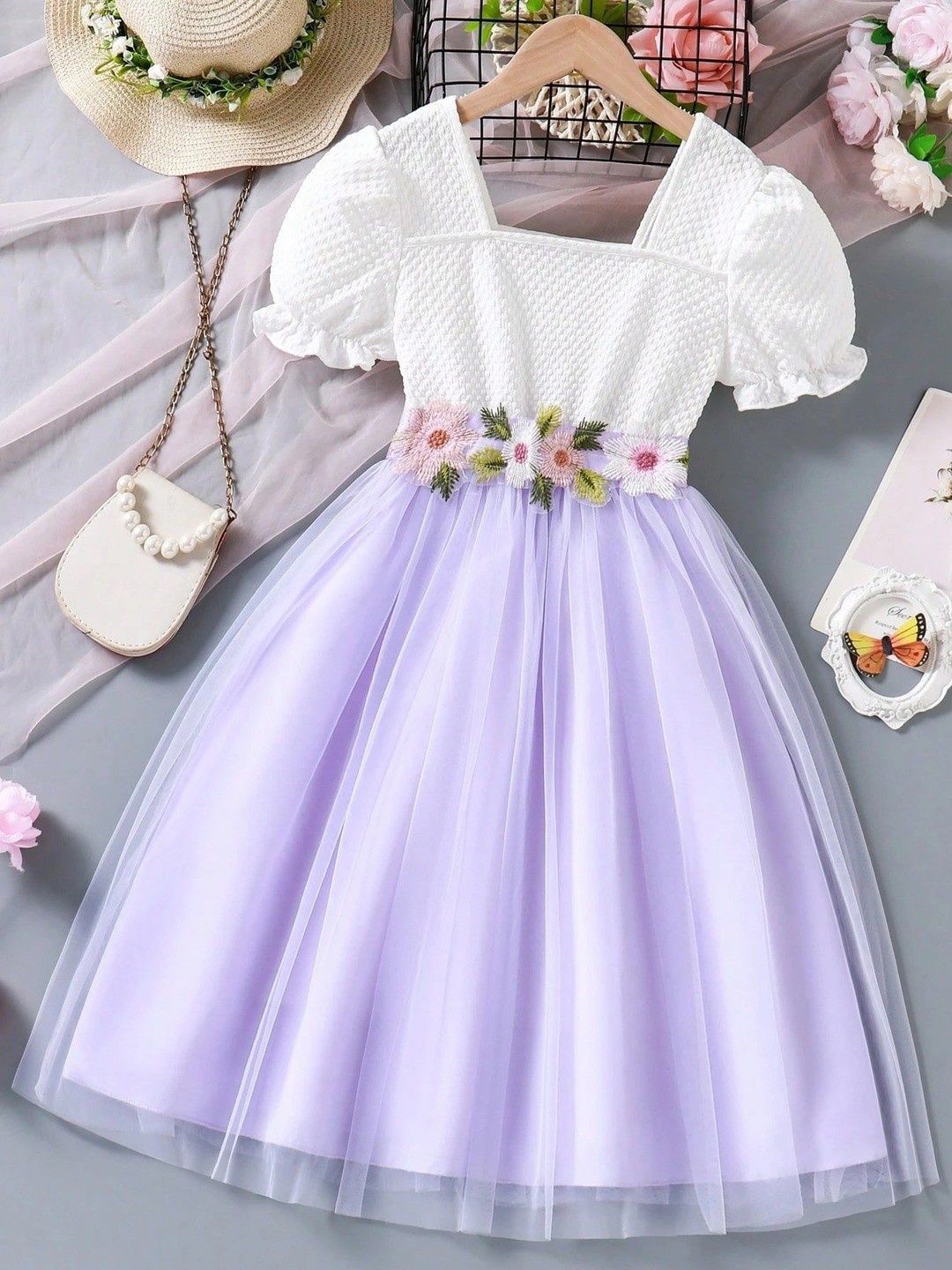 

Miss & Chief Embellished Puff Sleeve Net A-Line Dress, Lavender