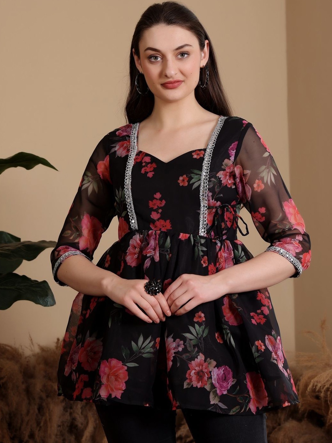 

Frolic Rolic Women Floral Printed Mirror Work Floral Georgette Kurta, Black