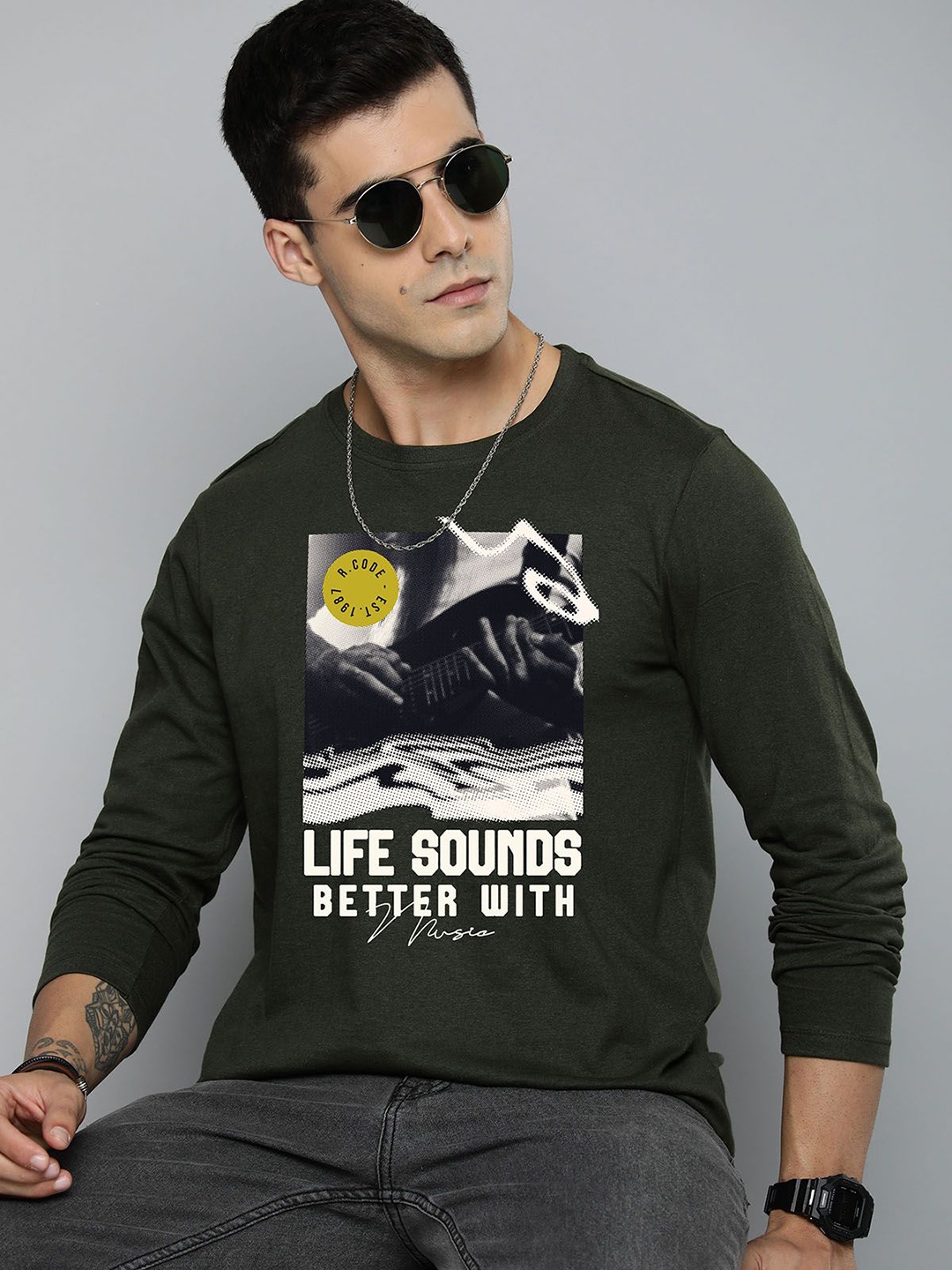 

R.Code by The Roadster Life Co. Men Printed T-shirt, Olive