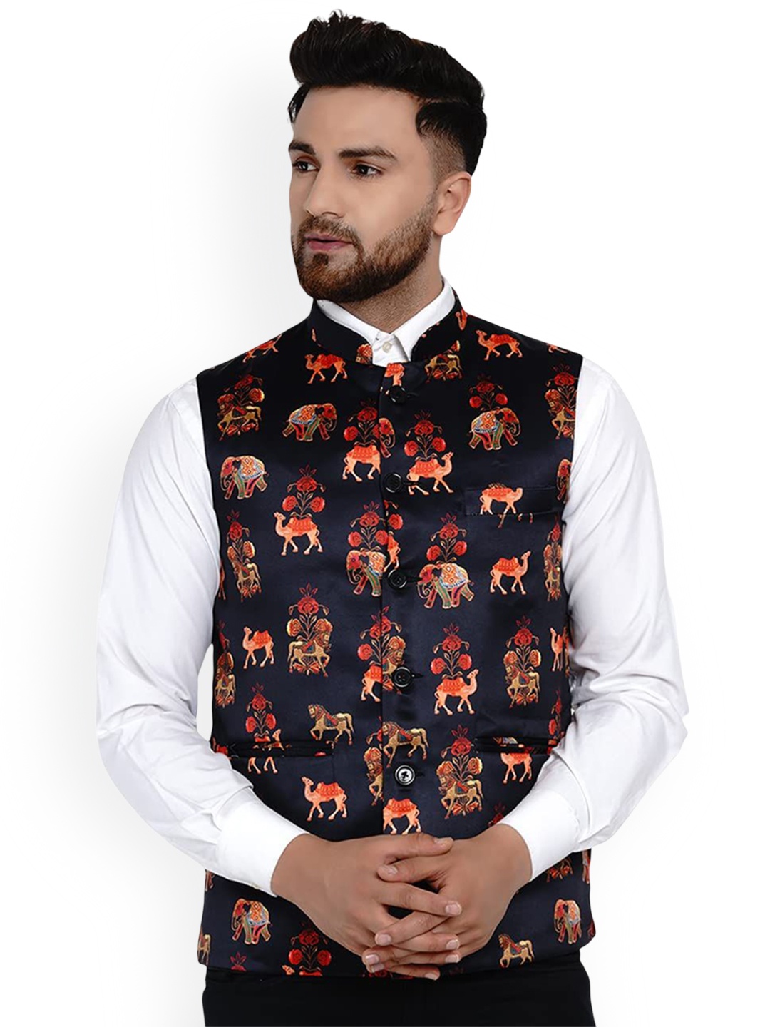 

VEERA PARIDHAAN Printed Mandarin Collar Nehru Jackets, Black