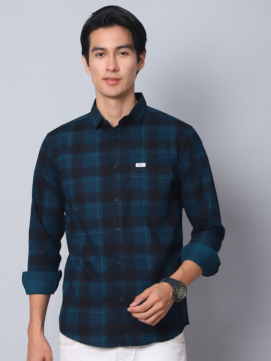 

Majestic Man Men Comfort Slim Fit Opaque Checked Casual Shirt, Teal
